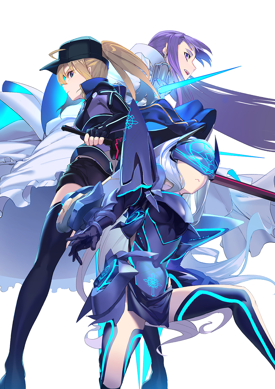 3girls ahoge armor armored_boots armored_dress artoria_pendragon_(all) bangs baseball_cap black_headwear blonde_hair blue_armor blue_dress blue_eyes blue_jacket blue_legwear blue_ribbon blue_scarf blush boots breastplate breasts cropped_jacket dress excalibur_morgan_(fate) fairy_knight_lancelot_(fate) fate/extra fate/extra_ccc fate/grand_order fate_(series) faulds green_eyes hair_between_eyes hair_ribbon hat highres jacket long_hair long_sleeves looking_at_viewer mask meltryllis_(fate) multiple_girls mysterious_heroine_x_(fate) open_mouth pauldrons ponytail prosthesis prosthetic_leg purple_hair reverse_grip ribbon rojiura_satsuki:_chapter_heroine_sanctuary scarf short_dress short_shorts shorts shoulder_armor sidelocks sleeves_past_fingers sleeves_past_wrists small_breasts smile soupchan sword thigh-highs thighs very_long_hair weapon white_background white_hair