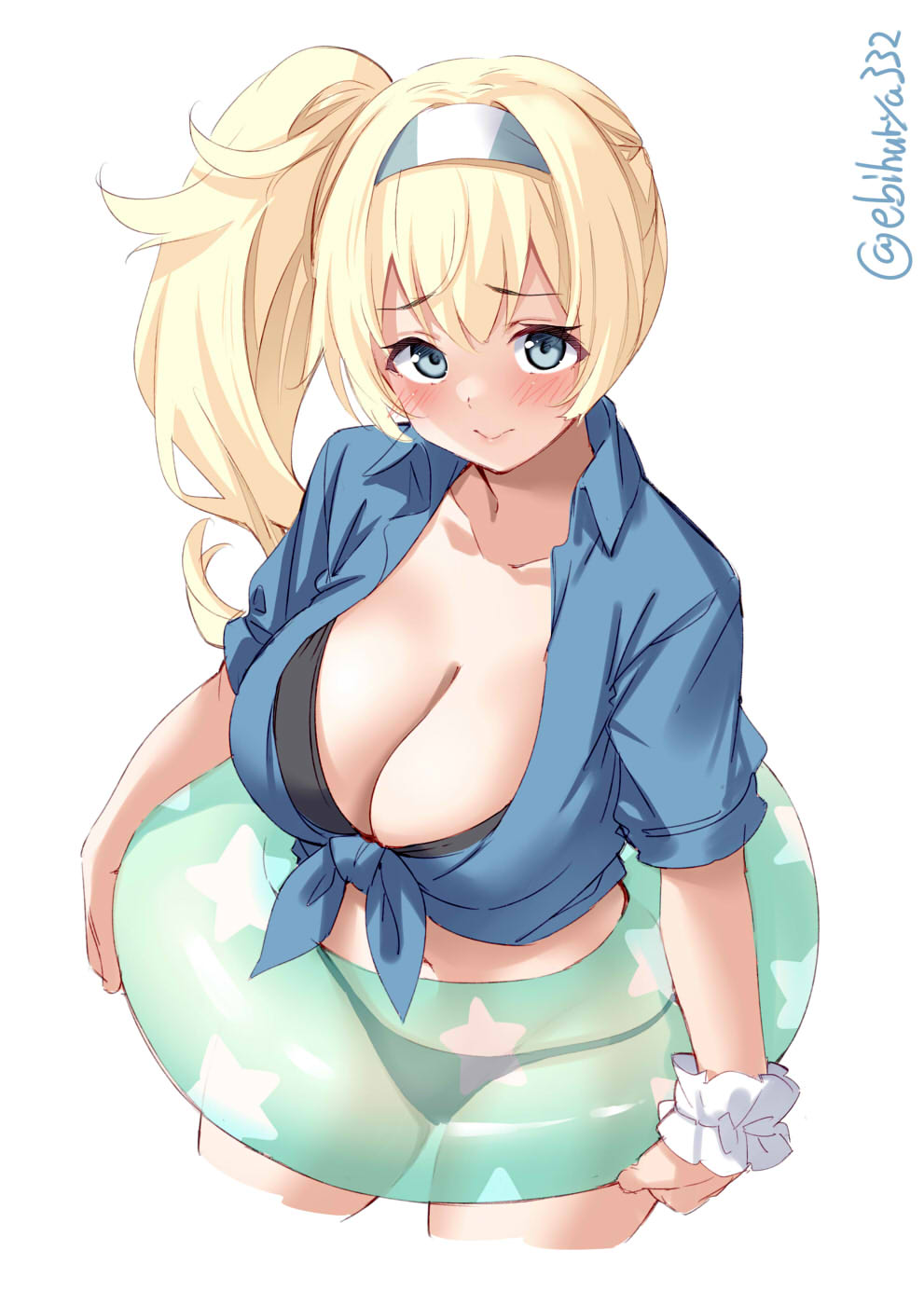 1girl alternate_hairstyle bare_legs bikini black_bikini blonde_hair blue_eyes blue_shirt blush breast_pocket breasts collarbone collared_shirt cowboy_shot ebifurya eyebrows_visible_through_hair from_above gambier_bay_(kancolle) hair_between_eyes hairband highres innertube kantai_collection large_breasts lips looking_at_viewer looking_up official_alternate_costume pocket ponytail shirt short_sleeves side_ponytail simple_background smile solo swimsuit swimsuit_under_clothes twitter_username white_background