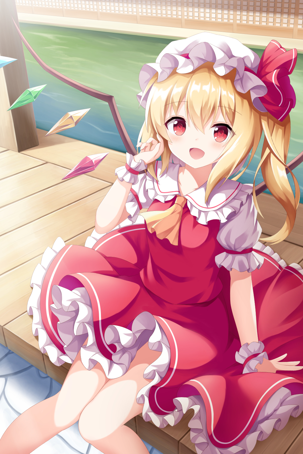 1girl bangs blonde_hair blush collar crystal dress eyebrows_visible_through_hair eyes_visible_through_hair flandre_scarlet hair_between_eyes hand_up hat hat_ribbon highres jewelry light lolita_fashion looking_at_viewer mob_cap multicolored multicolored_wings one_side_up open_mouth puffy_short_sleeves puffy_sleeves red_dress red_eyes red_ribbon ribbon road shadow short_hair short_sleeves sitting smile solo sunlight touhou water white_headwear wings wrist_cuffs yasuharasora yellow_neckwear