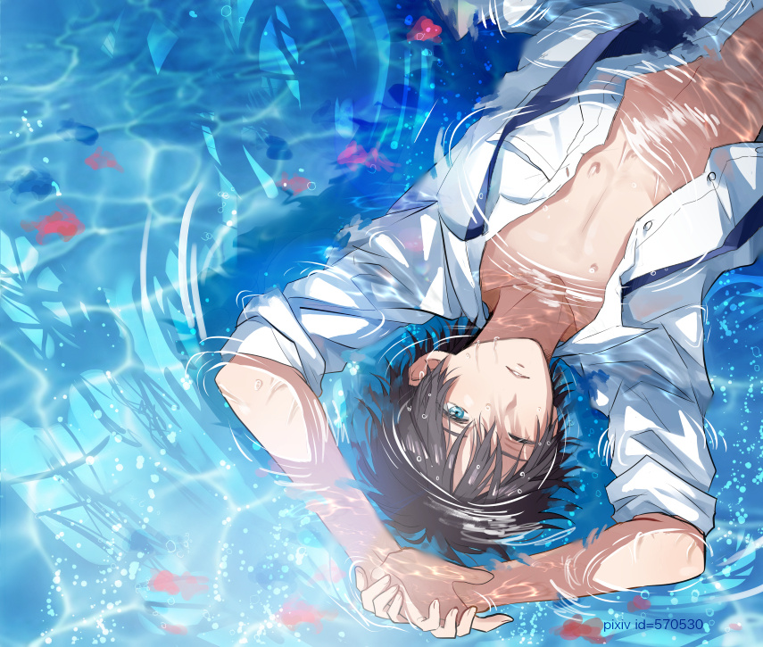 1boy black_hair blue_eyes hishi_(k-xaby) looking_at_viewer lying male_focus ocean on_back open_clothes open_shirt original parted_lips partially_submerged shirt short_hair solo underwater water water_surface wet white_shirt