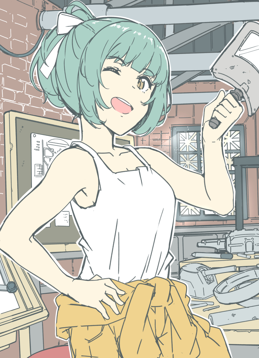 1girl bangs blunt_bangs breasts brown_eyes eyebrows_visible_through_hair green_hair hair_ribbon highres holding indoors jumpsuit jumpsuit_around_waist kantai_collection medium_breasts ninimo_nimo one_eye_closed open_mouth orange_jumpsuit ribbon solo tank_top welding_mask white_tank_top window yuubari_(kancolle)