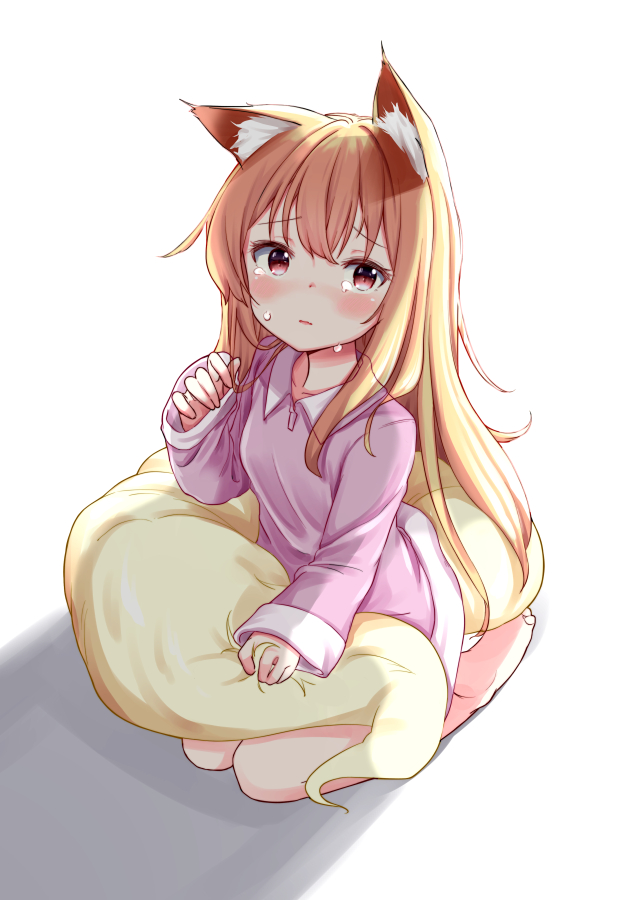 1girl animal_ear_fluff animal_ears barefoot blonde_hair blush brown_eyes coneko_(slvk12) feet fox_ears fox_girl fox_tail from_above long_hair looking_at_viewer looking_up no_pants original pink_shirt shirt simple_background sitting soles solo tail tears toes white_background