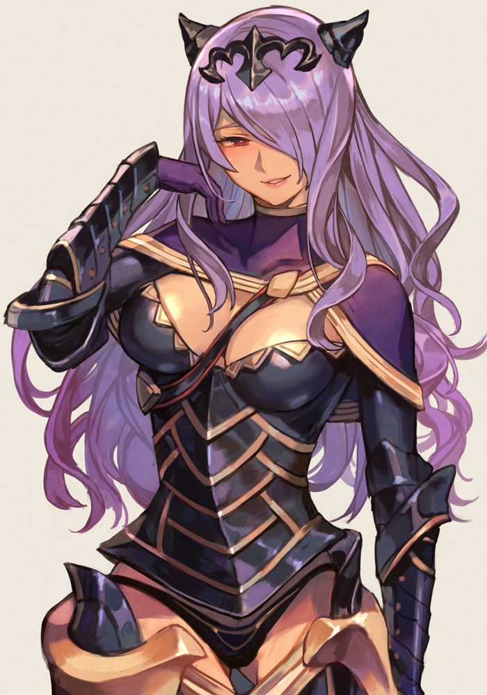 1girl armor ass_visible_through_thighs black_panties blush breasts camilla_(fire_emblem) cleavage fire_emblem fire_emblem_fates gloves hair_over_eyes hair_over_one_eye hankuri large_breasts lips long_hair looking_at_viewer open_mouth panties purple_hair smile solo underwear very_long_hair violet_eyes wavy_hair