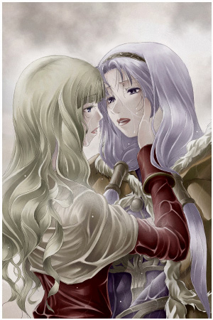 2girls acolyte_(ragnarok_online) bangs blonde_hair brown_cape brown_shirt cape capelet commentary_request dress fur-trimmed_cape fur_trim hand_on_another's_face light_purple_hair long_hair looking_at_another lowres mr.romance multiple_girls open_mouth purple_dress ragnarok_online rain shirt upper_body wet wet_clothes white_capelet wizard_(ragnarok_online)