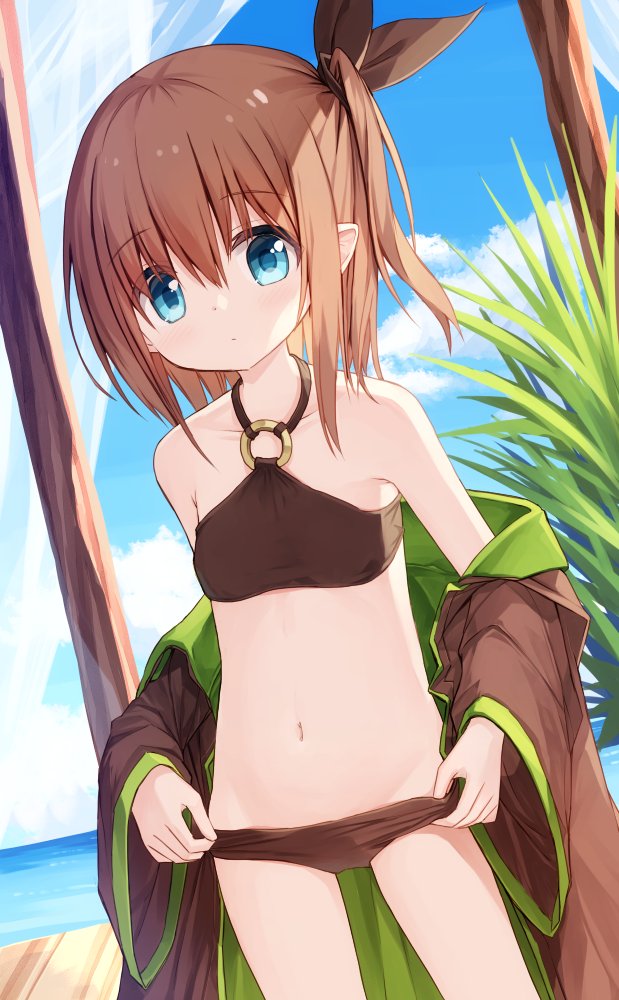 1girl bangs bikini black_ribbon blue_eyes breasts brown_bikini brown_hair brown_jacket closed_mouth commentary_request day eyebrows_visible_through_hair hair_between_eyes hair_ribbon horizon jacket long_sleeves looking_at_viewer navel o-ring o-ring_bikini o-ring_top ocean off_shoulder one_side_up open_clothes open_jacket original pointy_ears ribbon small_breasts solo swimsuit water wide_sleeves yuuhagi_(amaretto-no-natsu)