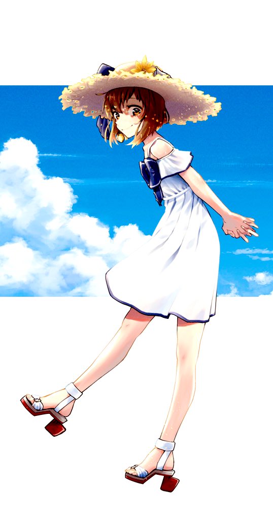 1girl arms_behind_back bangs blue_bow bow brown_eyes brown_hair clouds dress flower hands_together hat hat_bow hat_flower kantai_collection looking_at_viewer rudder_footwear sandals shide_kouri short_hair simple_background sky smile solo straw_hat sundress white_dress yellow_flower yukikaze_(kancolle)