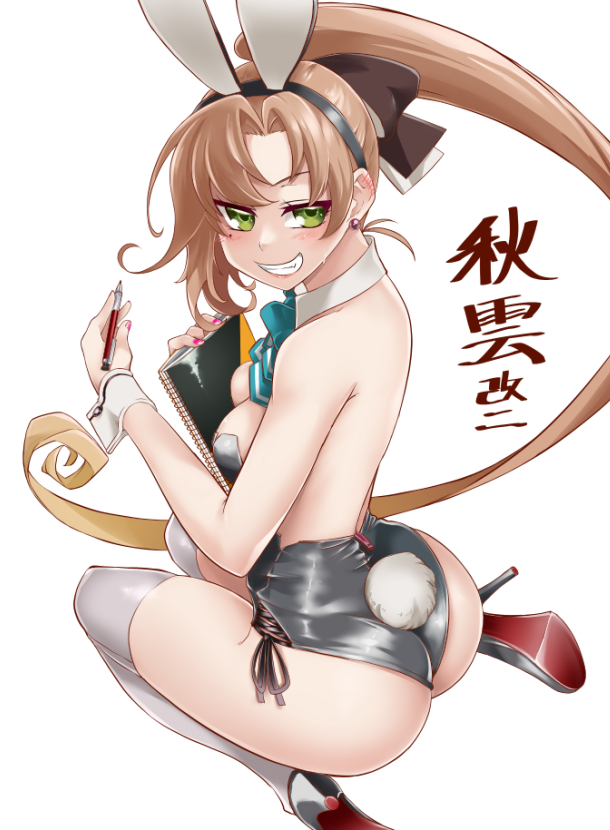 1girl adapted_costume akigumo_(kancolle) animal_ears blue_neckwear bow bowtie breasts brown_hair character_name commentary_request commission detached_collar green_eyes grey_legwear grey_leotard grin hair_ribbon high_heels kantai_collection leotard long_hair looking_at_viewer mechanical_pencil mole mole_under_eye pencil playboy_bunny ponytail rabbit_ears rabbit_tail remodel_(kantai_collection) ribbon silver_shoes simple_background skeb_commission sketchbook small_breasts smile solo strapless strapless_leotard tail thigh-highs uzuki_kosuke white_background wrist_cuffs