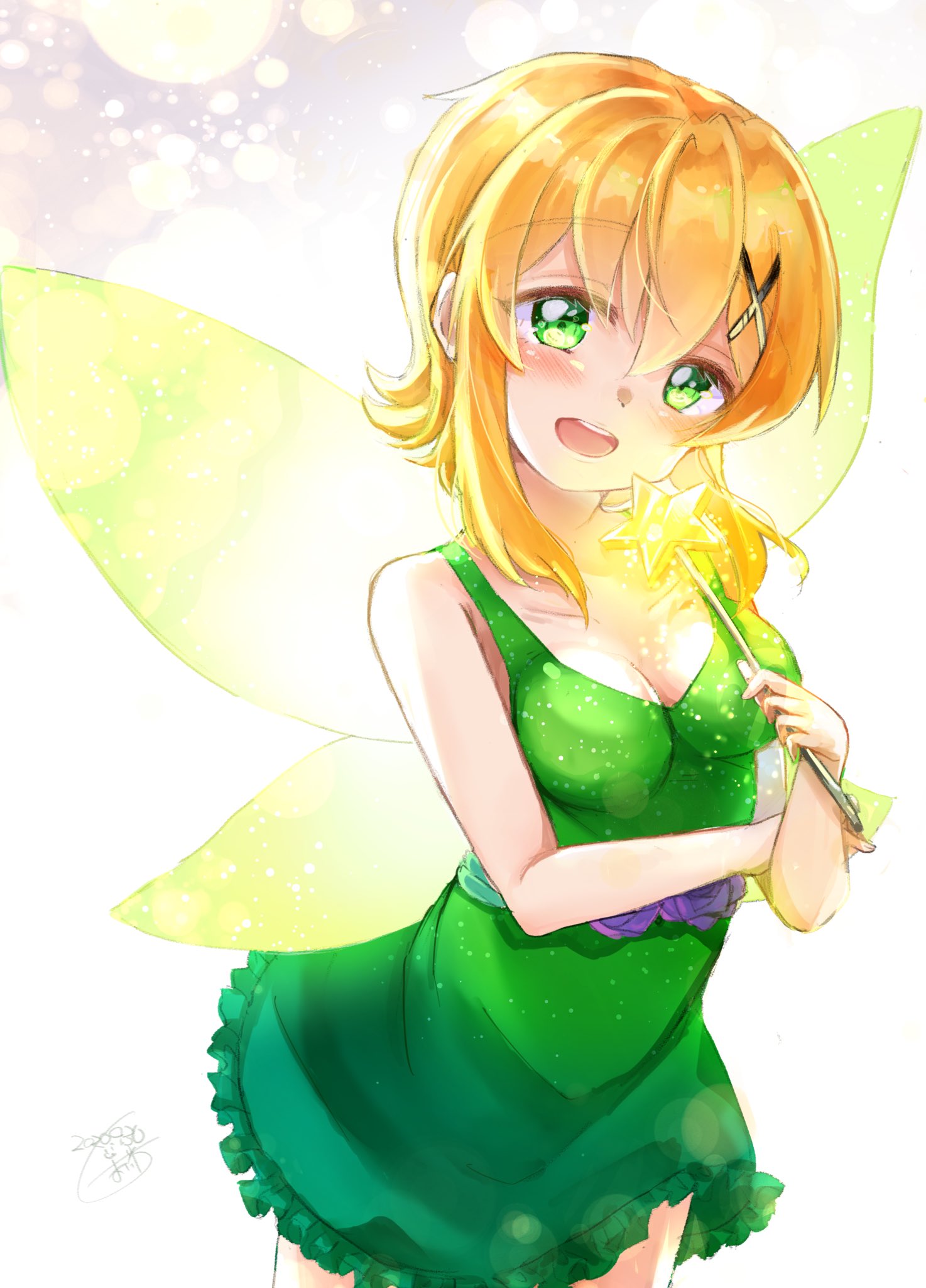 1girl akatsuki_kirika artist_name bangs blonde_hair breasts dated dress fairy_wings green_dress green_eyes hair_ornament highres holding holding_wand looking_at_viewer mai_mai_(okomeya) open_mouth senki_zesshou_symphogear short_dress short_hair signature sleeveless sleeveless_dress small_breasts smile solo sparkle wand wings x_hair_ornament