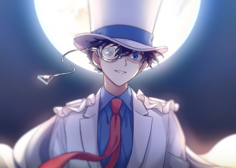 1boy akiyoshi_(tama-pete) bangs blue_eyes blue_shirt blurry brown_hair cape commentary depth_of_field dress_shirt formal full_moon grin hair_between_eyes hat jacket kaitou_kid magic_kaito male_focus meitantei_conan monocle monocle_chain moon necktie night night_sky outdoors parted_lips red_neckwear shirt short_hair sky smile solo suit top_hat upper_body white_cape white_jacket white_suit