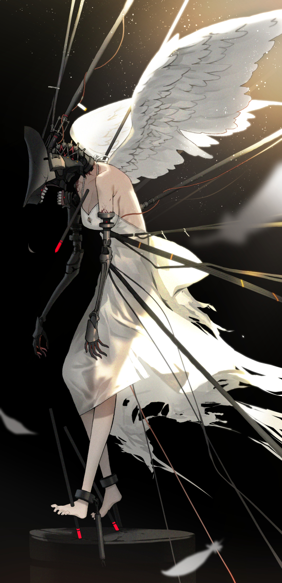 1girl angel_wings barefoot cable commentary_request cuffs dress feathered_wings feathers full_body highres impaled open_mouth original prosthesis prosthetic_arm shackles solo teeth torn_clothes tube white_dress wings zenmaibook