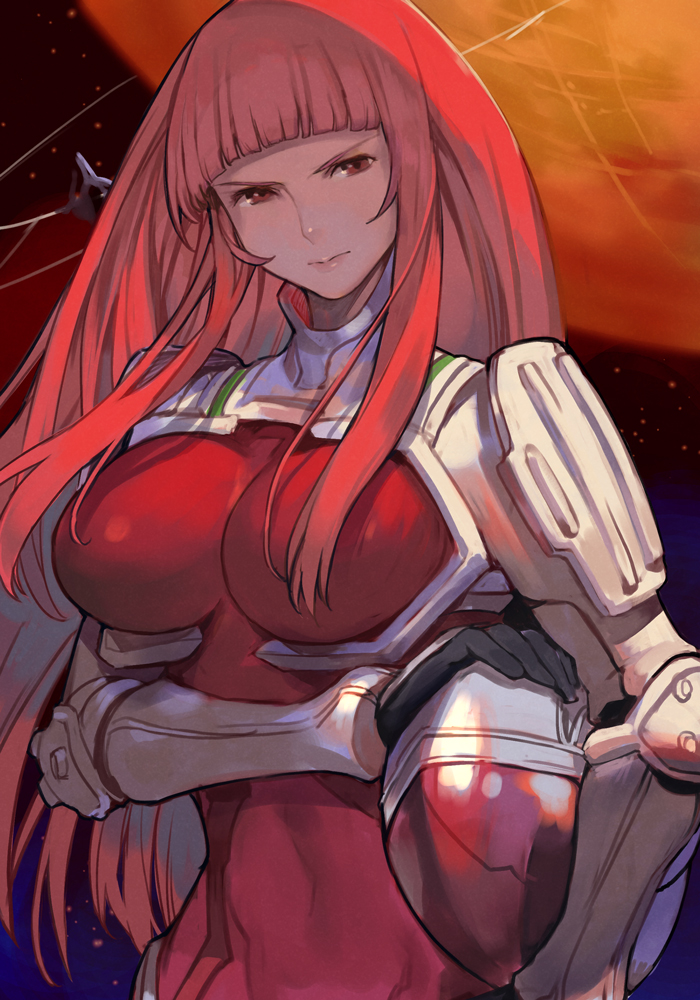 1girl black_gloves bodysuit breasts covered_navel glaring gloves hand_on_headwear hankuri harness helmet hime_cut holding holding_helmet ken_marinaris large_breasts long_hair looking_at_viewer red_bodysuit red_eyes redhead shiny_skin solo space upper_body zone_of_the_enders_2