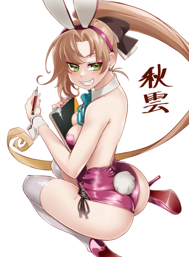 1girl adapted_costume akigumo_(kancolle) animal_ears blue_neckwear bow bowtie breasts brown_hair character_name commission detached_collar green_eyes grey_legwear grin hair_ribbon high_heels kantai_collection leotard long_hair looking_at_viewer mechanical_pencil mole mole_under_eye pencil playboy_bunny ponytail purple_leotard rabbit_ears rabbit_tail ribbon silver_shoes simple_background skeb_commission sketchbook small_breasts smile solo strapless strapless_leotard tail thigh-highs uzuki_kosuke white_background wrist_cuffs