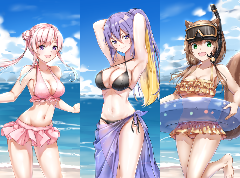 3girls airani_iofifteen animal_ears armpits arms_behind_head as4gi ayunda_risu bangs barefoot beach bikini black_bikini blonde_hair breasts brown_bikini brown_hair closed_mouth colored_inner_hair criss-cross_halter day diving_mask diving_mask_on_head double_bun eyebrows_visible_through_hair frilled_bikini frills goggles goggles_on_head green_eyes hair_between_eyes halterneck hololive hololive_indonesia innertube large_breasts long_hair looking_at_viewer low_twintails medium_breasts moona_hoshinova multicolored_hair multiple_girls navel ocean open_mouth outdoors pink_bikini pink_hair polka_dot polka_dot_bikini purple_hair scuba_gear see-through side-tie_bikini smile squirrel_ears squirrel_girl squirrel_tail stomach swimsuit tail twintails violet_eyes virtual_youtuber