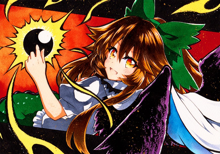 1girl :d bangs black_wings bow brown_hair cape eyebrows_visible_through_hair green_bow green_skirt hair_bow long_hair looking_at_viewer looking_back open_mouth orange_background puffy_short_sleeves puffy_sleeves qqqrinkappp reiuji_utsuho shirt short_sleeves skirt smile solo touhou traditional_media white_cape white_shirt wings yellow_eyes