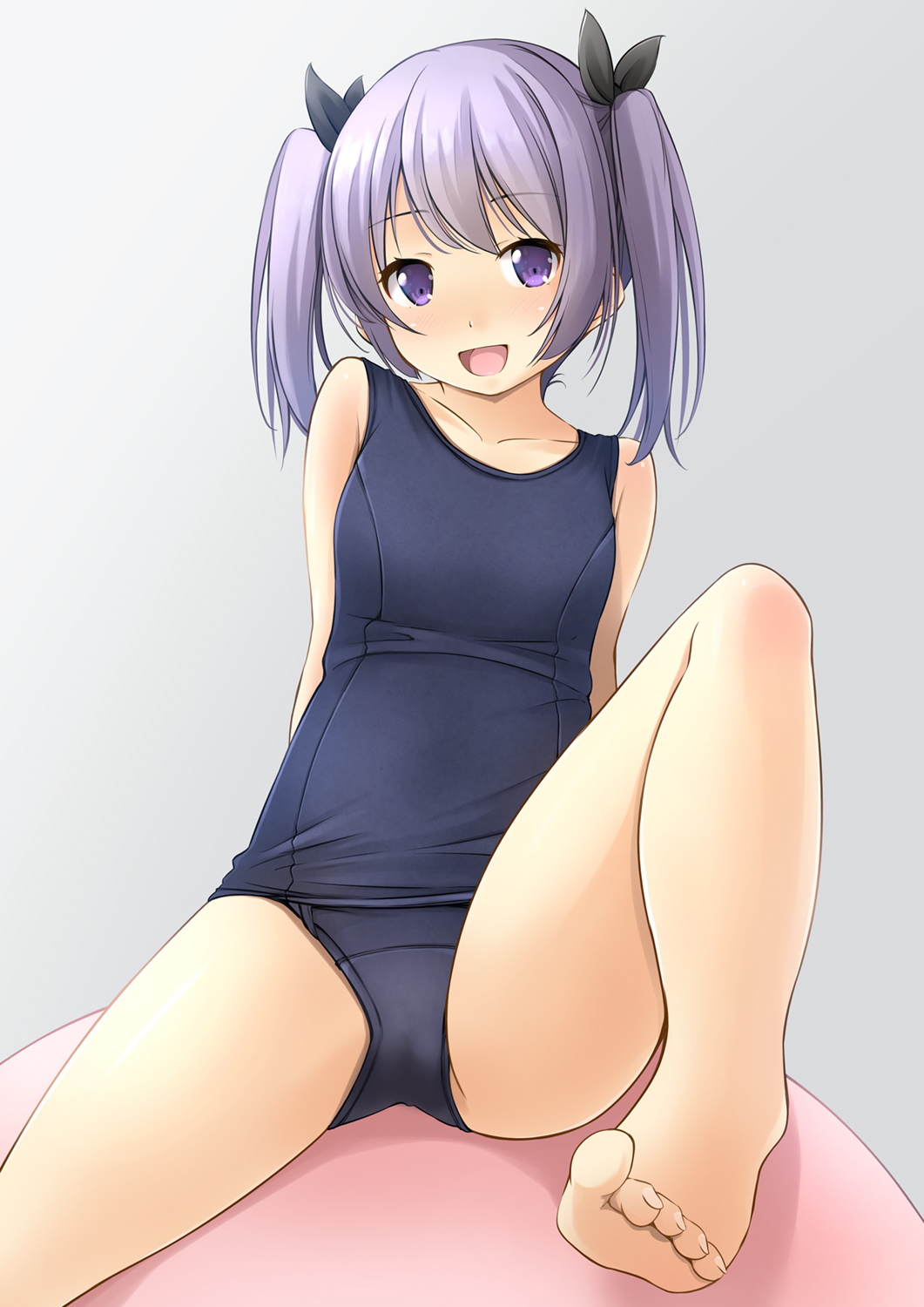 1girl :d bangs bare_legs bare_shoulders barefoot black_ribbon blue_swimsuit blush breasts collarbone commentary_request eyebrows_visible_through_hair gradient gradient_background grey_background hair_ribbon highres knee_up looking_at_viewer old_school_swimsuit one-piece_swimsuit open_mouth original purple_hair ribbon school_swimsuit shibacha small_breasts smile soles solo swimsuit twintails violet_eyes