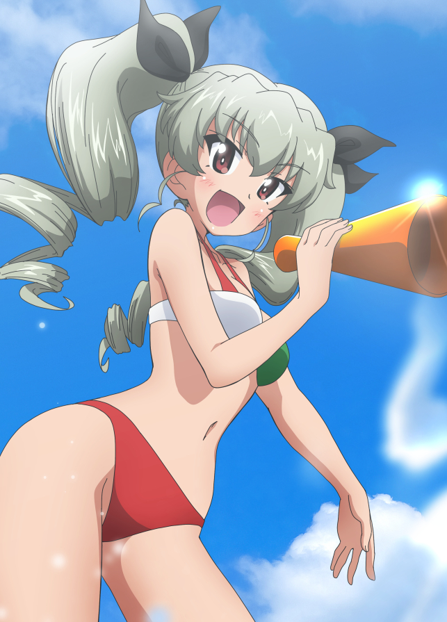 1girl :d anchovy_(girls_und_panzer) bangs bikini black_ribbon blue_sky clouds cloudy_sky commentary cowboy_shot day drill_hair eyebrows_visible_through_hair girls_und_panzer green_bikini green_hair hair_ribbon holding kanau leaning_forward long_hair looking_at_viewer megaphone mismatched_bikini navel open_mouth outdoors red_bikini red_eyes ribbon sky smile solo sparkle standing swimsuit twin_drills twintails