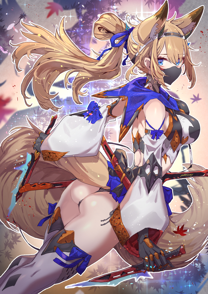 1girl animal_ears ass bare_shoulders blue_eyes breasts brown_hair clothes_lift dagger fox_ears fox_girl hair_ribbon hairband japanese_clothes knife looking_at_viewer looking_to_the_side mask mouth_mask original ponytail ribbon skirt skirt_lift tajima_ryuushi thick_thighs thigh-highs thighs weapon
