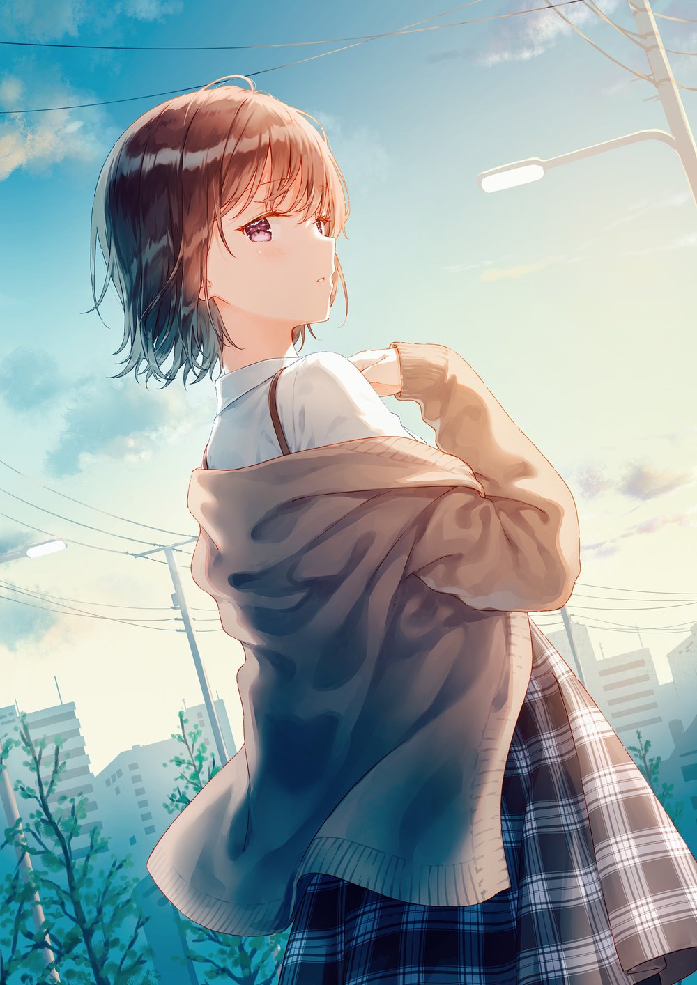 1girl bangs blush brown_hair brown_jacket building collared_shirt dress_shirt dutch_angle grey_skirt highres hiten_(hitenkei) jacket lamppost long_sleeves looking_at_viewer looking_back original outdoors parted_lips plaid plaid_skirt pleated_skirt shirt short_hair skirt sky solo standing tree utility_pole violet_eyes white_shirt