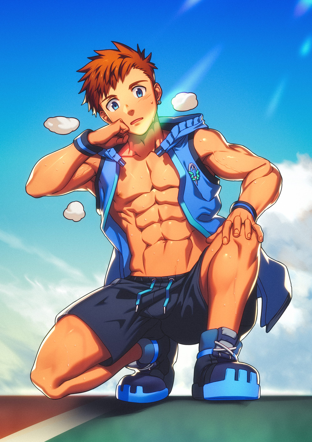 1boy abs black_shorts blue_eyes blue_vest bracer brown_hair clouds day earrings highres jewelry large_pectorals looking_at_viewer lvlv male_focus muscular muscular_male navel nipples open_clothes open_vest original outdoors pectorals shoes short_hair shorts single_earring sky solo toned toned_male veins vest