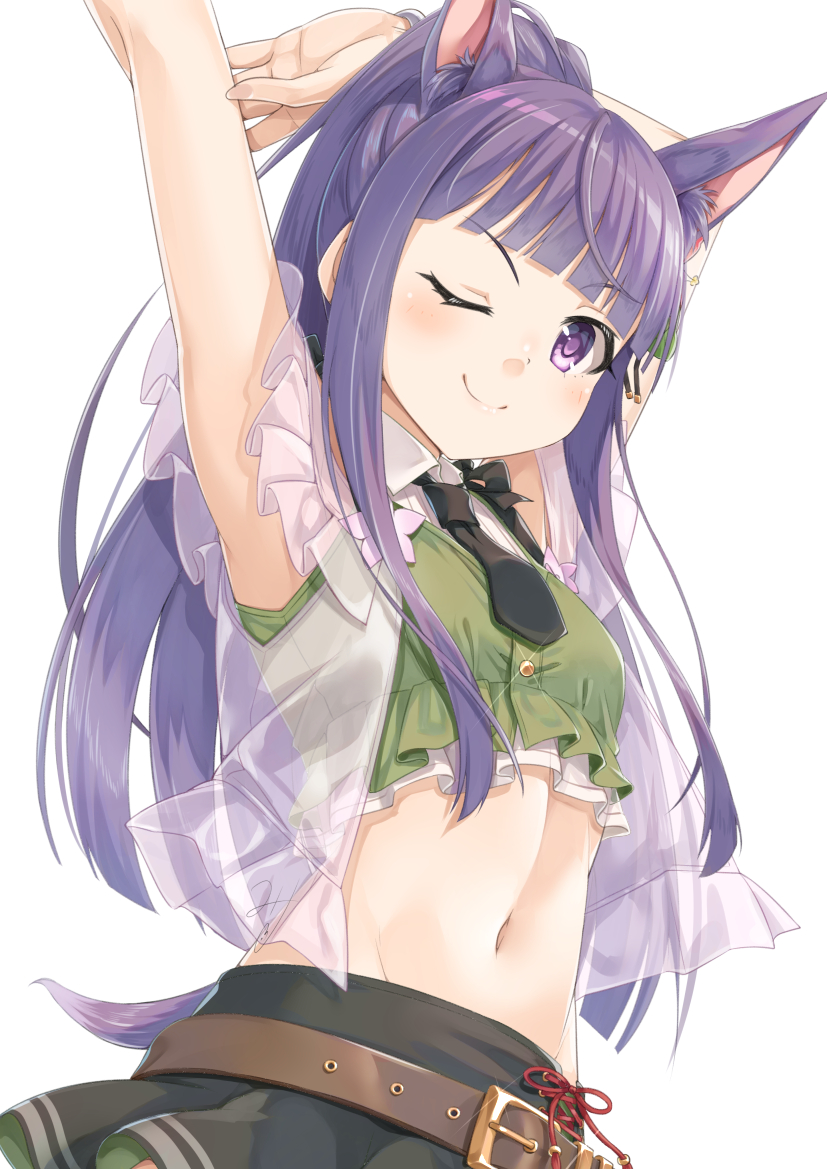 1girl ;) animal_ears arms_up bangs belt belt_buckle black_neckwear black_skirt blunt_bangs brown_belt buckle closed_mouth collared_shirt commentary_request crop_top green_vest high_ponytail jacket kasumi_(princess_connect!) long_hair looking_at_viewer miri_(ago550421) navel necktie one_eye_closed open_clothes open_jacket ponytail princess_connect! purple_hair see-through shirt short_necktie simple_background skirt sleeveless sleeveless_shirt smile solo tail v-shaped_eyebrows very_long_hair vest violet_eyes white_background white_shirt
