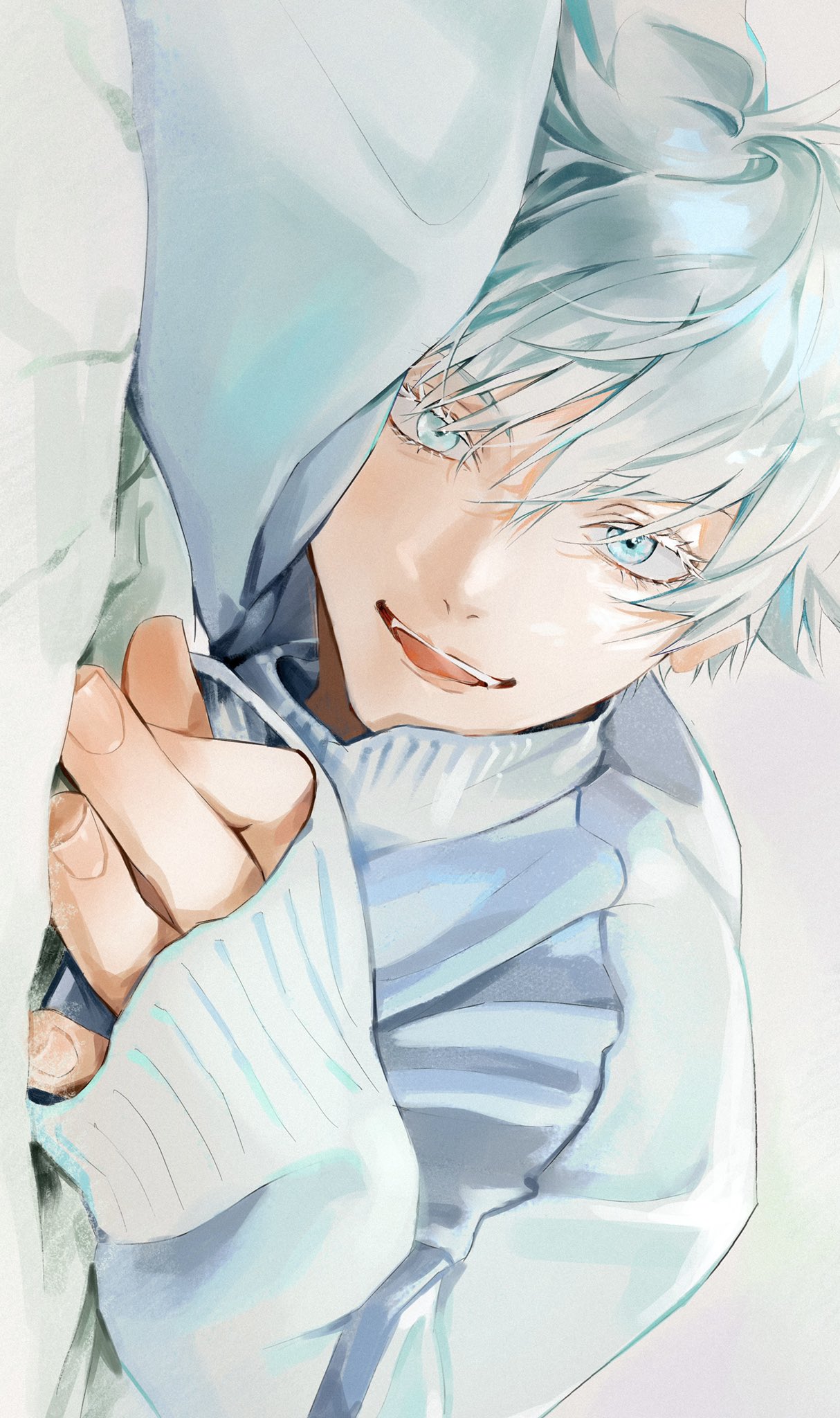 1boy bangs blue_eyes eyelashes gojou_satoru hair_between_eyes highres jujutsu_kaisen keki_chogyegi long_sleeves looking_at_viewer lying male_focus on_stomach open_mouth pillow short_hair sleeves_past_wrists smile solo sweater upper_body white_background white_hair white_sweater