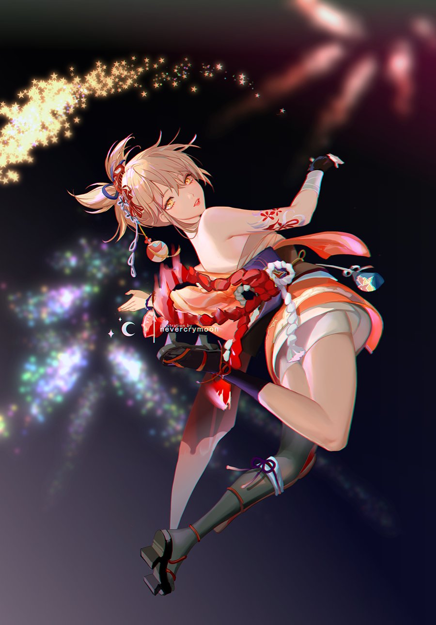 1girl arm_tattoo bandages fingerless_gloves firework_background fireworks flower_tattoo genshin_impact gloves hadanugi_dousa highres japanese_clothes kimono looking_at_viewer nevercrymoon open_mouth orange_kimono sarashi single_fingerless_glove solo tattoo teeth tied_hair yoimiya_(genshin_impact)