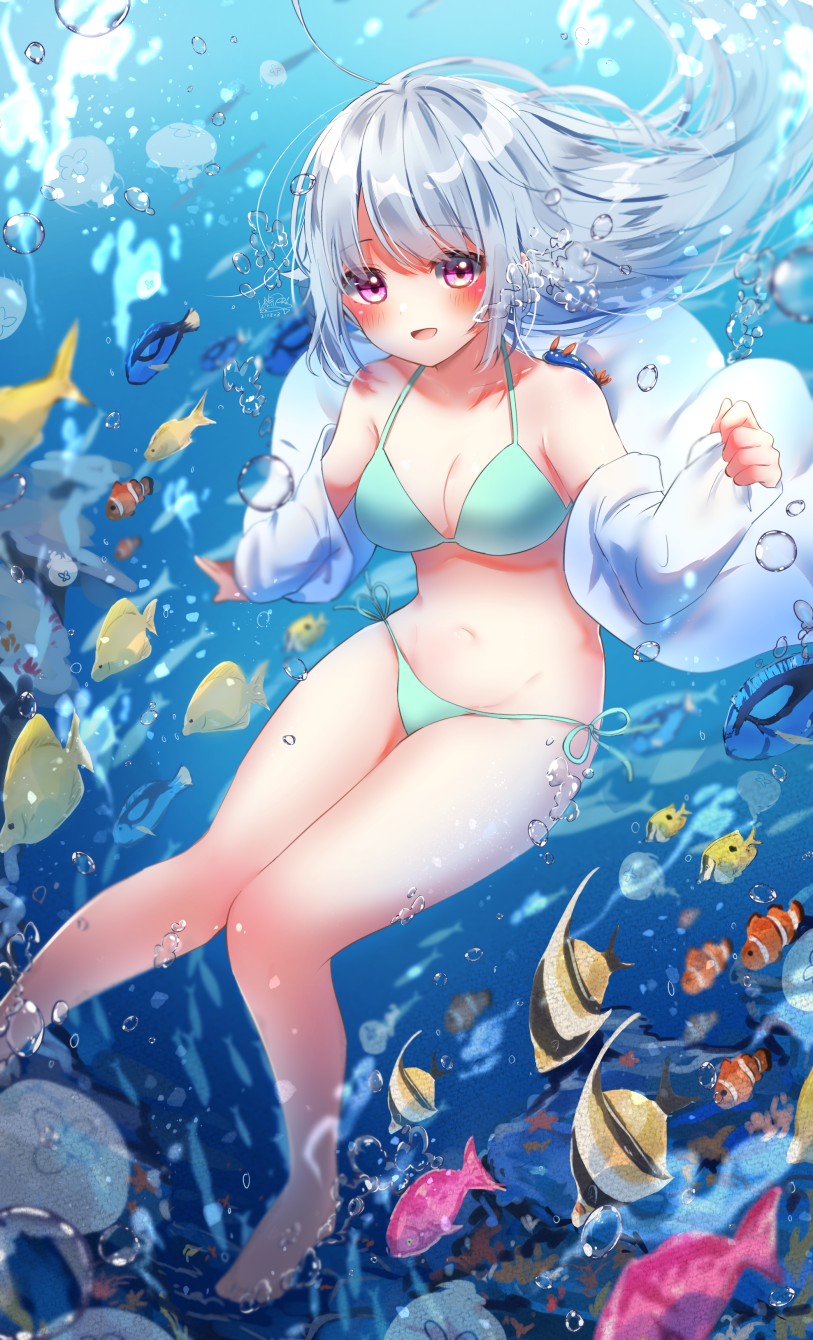 1girl :d air_bubble aqua_bikini barefoot bikini blurry blush breasts bubble clownfish fish foot_out_of_frame grey_hair highres legs_together michiru_donut navel open_mouth original side-tie_bikini silver_hair small_breasts smile solo swimsuit tropical_fish underwater underwear