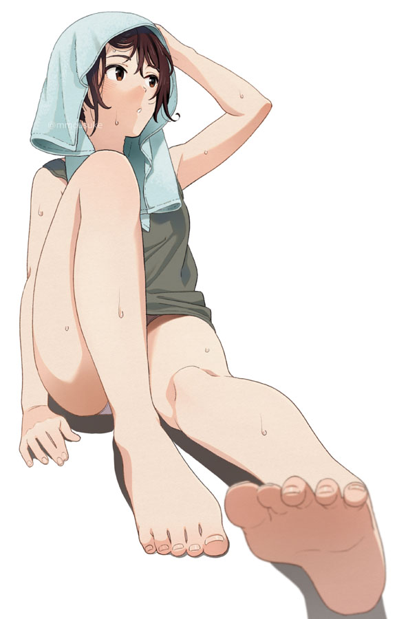 1girl arm_up bare_arms bare_legs bare_shoulders barefoot black_tank_top brown_eyes brown_hair full_body knee_up looking_away mattaku_mousuke original parted_lips shadow sitting soles solo tank_top toes towel towel_on_head wet white_background
