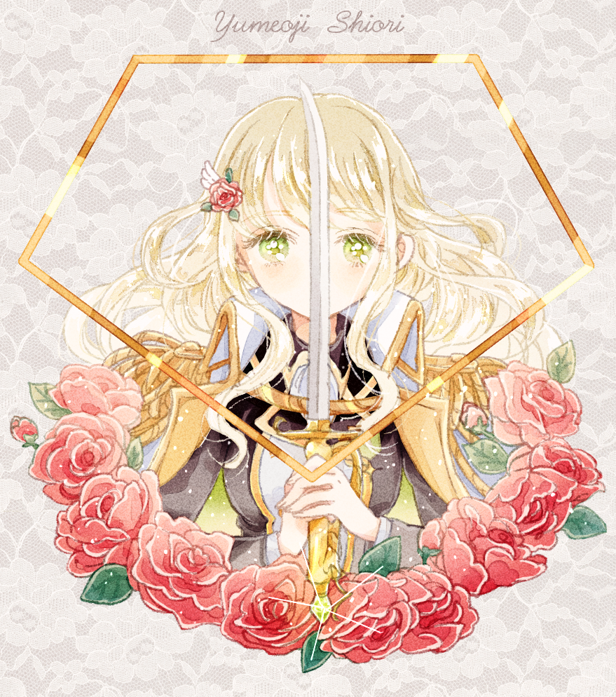 1girl aiguillette bangs black_jacket blonde_hair character_name covered_mouth cropped_torso emerald_(gemstone) epaulettes eyebrows_visible_through_hair floral_background flower glint green_eyes grey_background hair_flower hair_ornament hands_up haruhana_aya high_collar holding holding_sword holding_weapon jacket jacket_on_shoulders lace_background light_particles long_hair long_sleeves looking_at_viewer medal own_hands_together red_flower red_rose rose shiny shiny_hair shoujo_kageki_revue_starlight shoujo_kageki_revue_starlight_-re_live- sidelocks solo sword two-handed uniform upper_body wavy_hair weapon white_jacket yumeoji_shiori