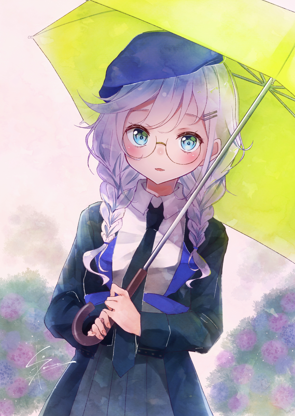 1girl beret black_jacket blue_eyes blue_headwear braid collared_shirt commentary_request girls_frontline glasses green_umbrella hair_ornament hair_over_shoulder hairclip hat highres holding holding_umbrella jacket kodama_(koda_mat) long_hair looking_at_viewer necktie parted_lips pleated_skirt shirt sier_(girls_frontline) skirt solo twin_braids umbrella upper_body white_hair white_shirt