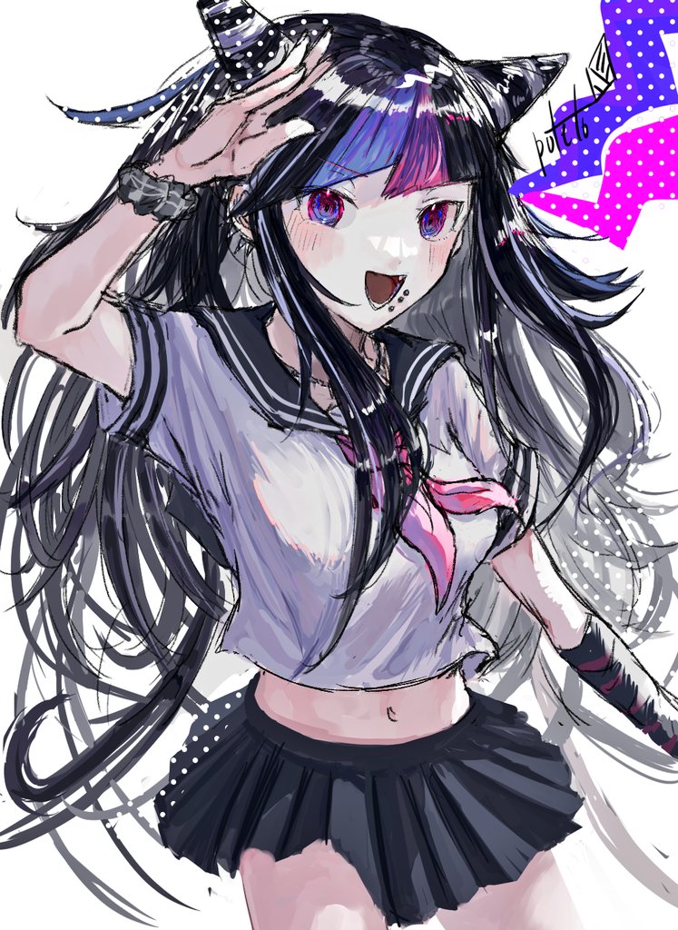 1girl :d bangs black_hair black_sailor_collar blue_eyes blue_hair cowboy_shot dangan_ronpa_(series) dangan_ronpa_2:_goodbye_despair ear_piercing hair_horns hand_up jewelry long_hair looking_at_viewer lower_teeth midriff miniskirt mioda_ibuki multicolored_hair navel open_mouth piercing pink_eyes pink_hair pleated_skirt sailor_collar salute school_uniform scrunchie serafuku shiny shiny_hair shirt short_sleeves simple_background sketch skirt smile soba_kichi_(sobagoma) solo symbol-only_commentary white_background white_hair white_shirt wrist_scrunchie