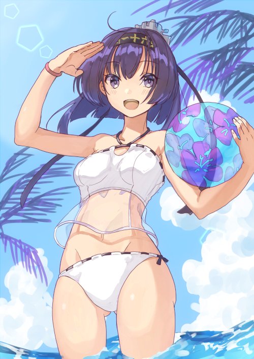 1girl ahoge akizuki_(kancolle) ball beachball bikini black_hair black_headband blue_eyes blue_sky breasts clouds commentary_request cowboy_shot day hachimaki headband kantai_collection long_hair medium_breasts mitsuyo_(mituyo324) outdoors ponytail salute sky soaking_feet solo standing swimsuit water white_bikini