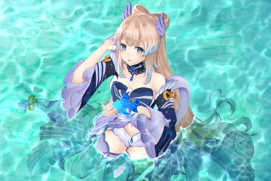 1girl bare_shoulders blonde_hair blue_bow blue_eyes blush bow detached_collar detached_sleeves fish frilled_sleeves frills genshin_impact gloves hair_ornament half_gloves in_water light_smile long_hair looking_at_viewer miro multicolored_hair navel partially_submerged sangonomiya_kokomi shorts tailcoat thigh-highs two-tone_hair very_long_hair vision_(genshin_impact) water wet white_shorts