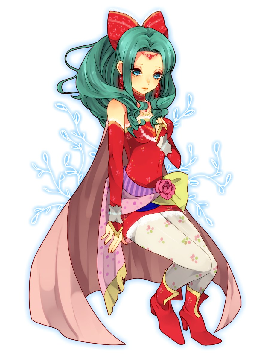 1girl bare_shoulders bow breasts cape closed_mouth detached_sleeves dress earrings final_fantasy final_fantasy_vi green_hair highres jewelry kanna-mika long_hair looking_at_viewer ribbon solo tina_branford