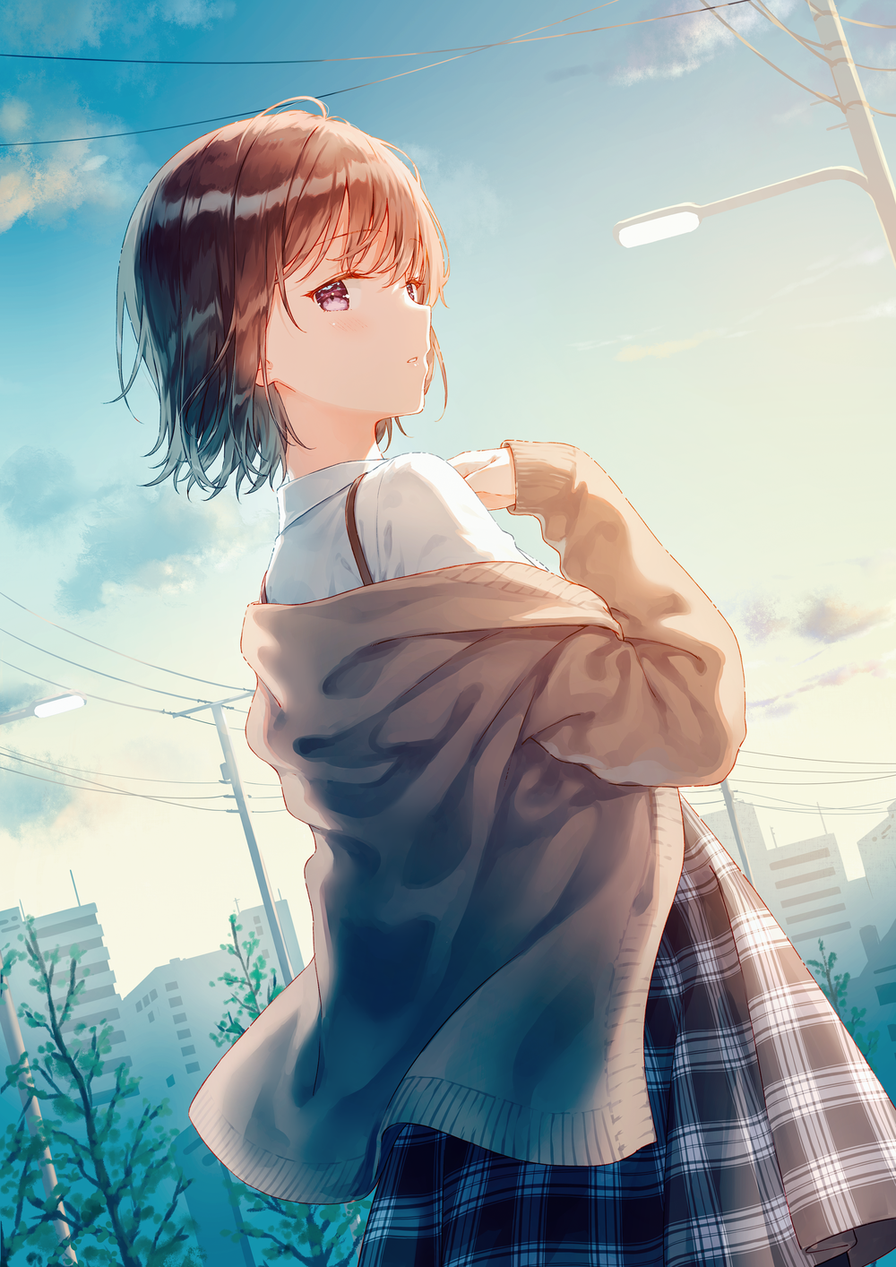 1girl bangs blush brown_hair brown_jacket building collared_shirt commentary_request dress_shirt dutch_angle grey_skirt highres hiten_(hitenkei) jacket lamppost long_sleeves looking_at_viewer looking_back original outdoors parted_lips plaid plaid_skirt pleated_skirt shirt short_hair skirt sky solo standing tree utility_pole violet_eyes white_shirt