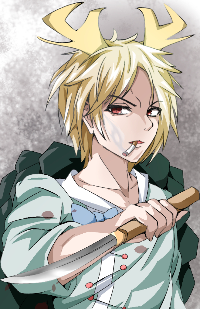 1girl antlers bangs blonde_hair blue_bow blue_shirt bow cigarette collarbone commentary_request dragon_horns flat_chest furrowed_brow grey_background holding holding_knife horns kakineko kicchou_yachie knife looking_at_viewer messy_hair mouth_hold parted_lips red_eyes serious shirt short_hair simple_background sleeves_past_elbows slit_pupils smoke smoking solo touhou turtle_shell upper_body