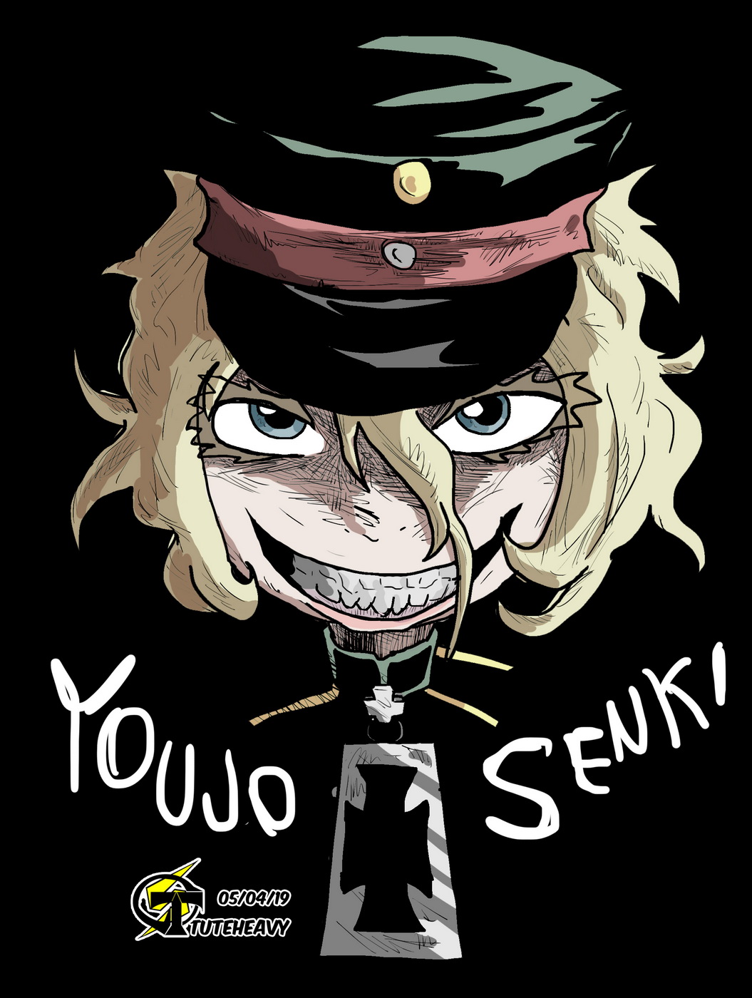 1girl artist_name black_background blonde_hair blue_eyes cross english_text evil_smile hat head_only highres looking_at_viewer military military_hat short_hair smile solo solo_focus spanish_commentary tanya_degurechaff teeth tuteheavy youjo_senki