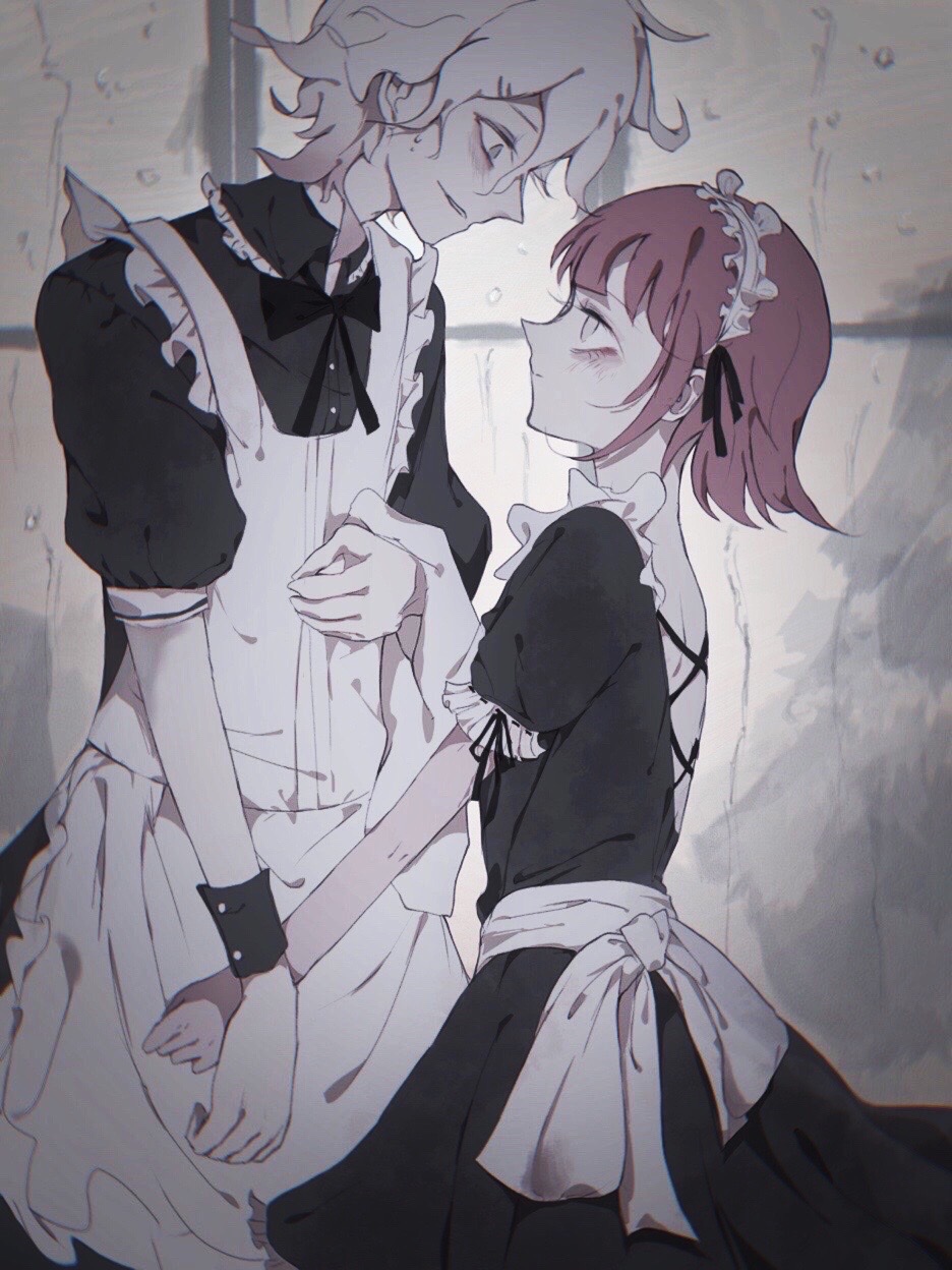 1boy 1girl alternate_costume apron bangs black_dress black_neckwear bnags bow bowtie brown_hair commentary_request crossdressinging dangan_ronpa_(series) dangan_ronpa_2:_goodbye_despair dress enmaided from_side grey_background grey_hair height_difference highres kibou_jiang komaeda_nagito looking_at_another maid maid_apron maid_headdress male_focus messy_hair nanami_chiaki pointy_nose ribbon-trimmed_dress short_hair short_sleeves wrist_cuffs