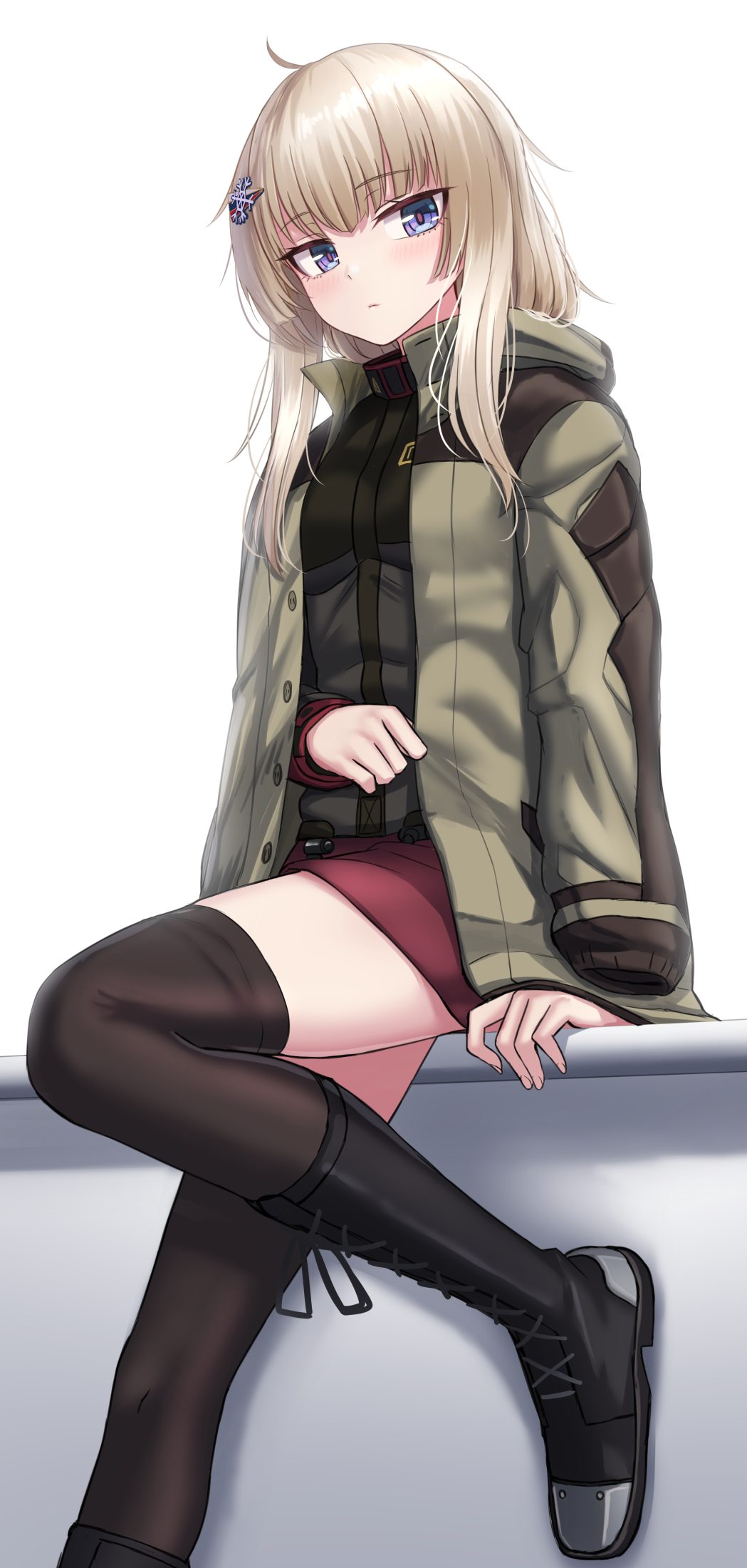 1girl ak-74m_(girls_frontline)_(rabochicken) blonde_hair blue_eyes boots combat_boots hair_ornament hairclip highres jacket jacket_on_shoulders long_hair russian_flag sideways_glance sitting skindentation skirt snowflake_hair_ornament solo thigh-highs white_background yakob_labo