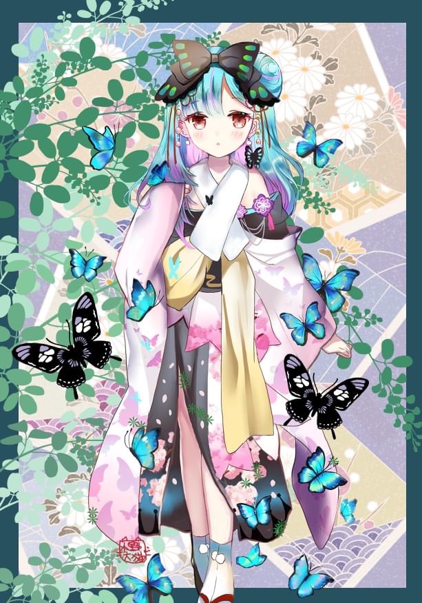 1girl :o animal bare_shoulders black_bow black_footwear blue_hair blush border bow bug butterfly feet_out_of_frame full_body hair_bow hair_bun hand_up hololive insect japanese_clothes kimono long_sleeves looking_at_viewer lunacats multicolored_hair off_shoulder outside_border parted_lips pink_hair side_bun sleeves_past_wrists socks solo standing tabi two-tone_hair uruha_rushia virtual_youtuber white_kimono white_legwear wide_sleeves zouri