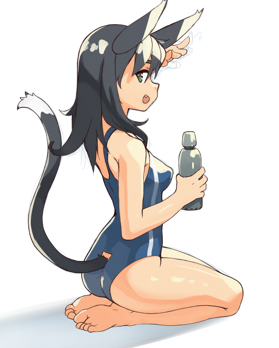 1girl :d animal_ears bare_legs barefoot black_hair blue_swimsuit bottle breasts cat_ears cat_girl cat_tail commentary english_commentary fang from_side full_body green_eyes hand_up highres holding holding_bottle impossible_clothes impossible_swimsuit long_hair looking_at_viewer looking_back looking_to_the_side medium_breasts one-piece_swimsuit open_mouth original school_swimsuit seiza sideways_glance sideways_mouth simple_background sitting smile solo swimsuit tail tail_raised vins-mousseux white_background