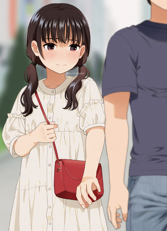 1boy 1girl bag black_hair black_shirt blue_pants blurry blurry_background blush brown_eyes closed_mouth day denim depth_of_field dress jeans long_hair low_twintails mattaku_mousuke original out_of_frame outdoors pants reaching shirt short_sleeves shoulder_bag solo_focus twintails wavy_mouth white_dress