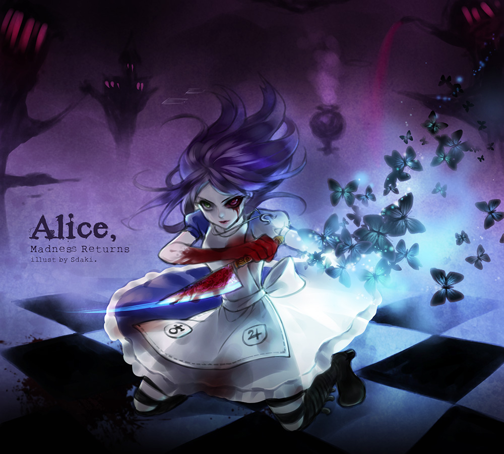 1girl alice:_madness_returns alice_(alice_in_wonderland) american_mcgee's_alice apron black_hair blood bloody_tears boots breasts bug butterfly closed_mouth dress insect jewelry jupiter_symbol knife long_hair necklace pantyhose sdaki solo striped striped_legwear weapon