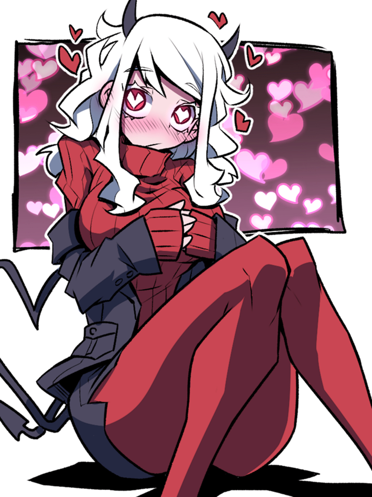 1girl black_horns black_suit black_tail blush breasts commentary_request demon_girl demon_horns demon_tail floating_heart heart heart-shaped_pupils heart_tail helltaker horns jin_(mugenjin) looking_at_viewer medium_hair modeus_(helltaker) off_shoulder pantyhose red_legwear red_sweater ribbed_sweater sidelocks sitting skirt solo sweater symbol-shaped_pupils tail white_hair