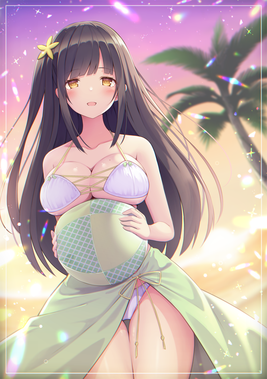 1girl ball bare_arms bare_shoulders beachball bikini black_hair blush breasts commentary cowboy_shot english_commentary flower framed hair_flower hair_ornament halter_top halterneck highres large_breasts long_hair looking_at_viewer mole mole_on_breast one_side_up open_mouth original sarong sasakura_momiji solo string_bikini sunset swimsuit white_bikini yellow_eyes