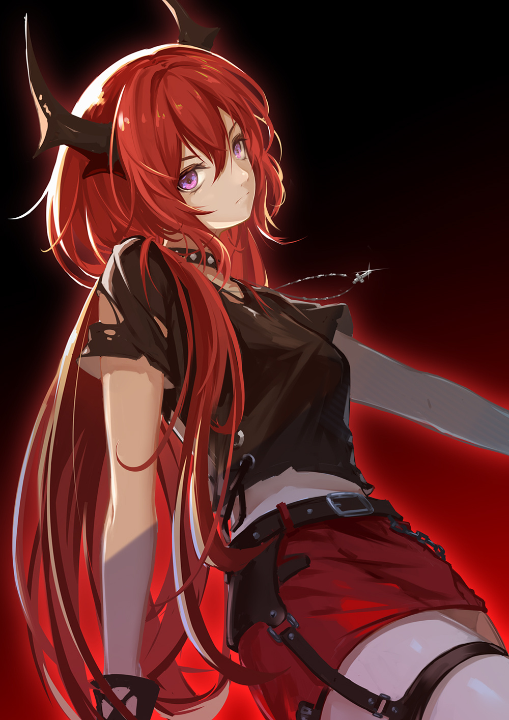 1girl arknights bangs black_background black_choker black_shirt choker commentary_request cowboy_shot cross cross_necklace gradient gradient_background head_tilt highres horns jewelry lancefate long_hair looking_at_viewer midriff_peek miniskirt necklace official_alternate_costume pencil_skirt red_background red_skirt redhead shirt short_sleeves skirt solo surtr_(arknights) surtr_(liberte_echec)_(arknights) thigh_strap very_long_hair violet_eyes