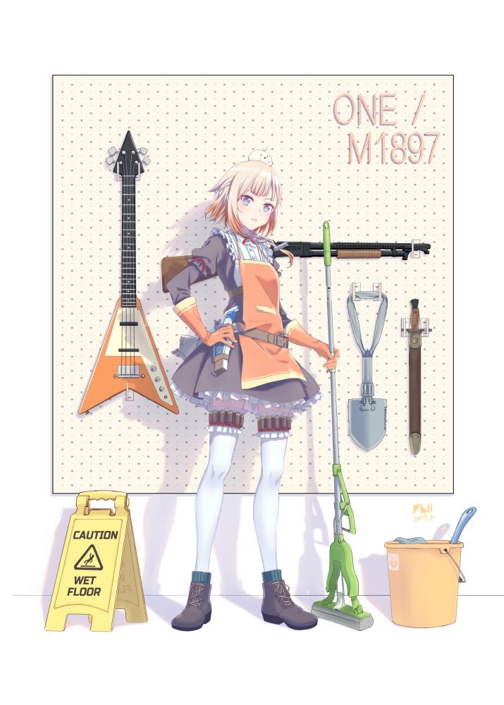 1girl apron bayonet blonde_hair blue_eyes boots bottle bucket commentary_request dress electric_guitar frilled_dress frills full_body girls_frontline gloves guitar gun hand_on_hip instrument juliet_sleeves kico_(subland) long_sleeves looking_at_viewer m1897_(girls_frontline) mop multicolored_hair orange_apron orange_gloves orange_hair puffy_sleeves rubber_gloves sheath sheathed short_hair shotgun shotgun_shells shovel solo spray_bottle thigh-highs weapon wet_floor_sign white_legwear winchester_model_1897