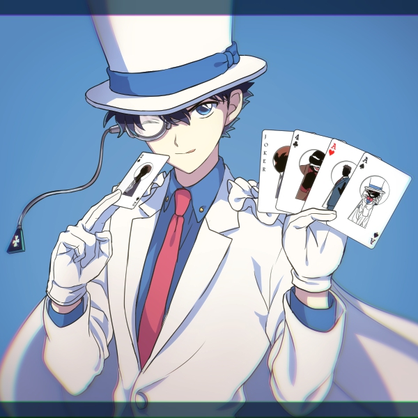 1boy ;q ace ace_of_clubs ace_of_diamonds ace_of_hearts ace_of_spades akiyoshi_(tama-pete) bangs blue_background blue_eyes blue_shirt brown_hair cape card club_(shape) commentary diamond_(shape) dress_shirt formal gloves hair_between_eyes hands_up hat heart holding holding_card jacket joker_(card) kaitou_kid long_sleeves looking_at_viewer magic_kaito male_focus meitantei_conan monocle monocle_chain necktie one_eye_closed playing_card red_neckwear shirt short_hair smile solo spade_(shape) suit tongue tongue_out top_hat upper_body white_cape white_gloves white_headwear white_jacket white_suit