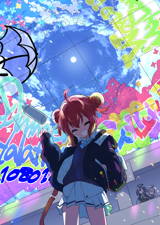 3girls ahoge blue_archive closed_eyes clouds commentary_request double_bun english_text glass graffiti halo jacket looking_at_viewer maki_(blue_archive) multiple_girls nogiwa_kaede open_mouth redhead school_uniform short_hair sky spray_can yuuka_(blue_archive)