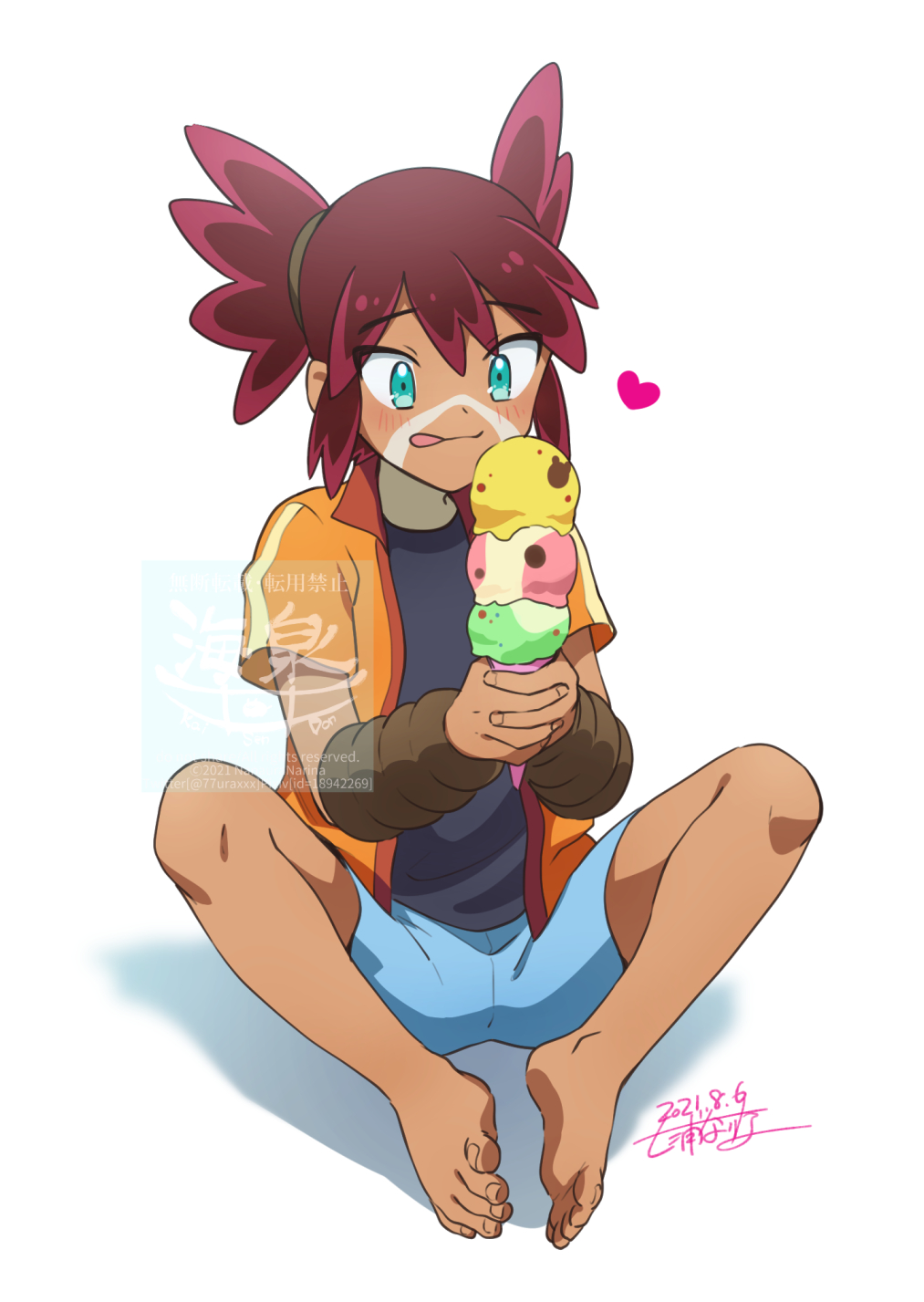 1boy :q bangs barefoot black_shirt blue_shorts blush commentary_request dated eyebrows_visible_through_hair food full_body green_eyes hair_between_eyes hands_together heart highres holding ice_cream interlocked_fingers jacket knees koko_(pokemon) looking_at_object male_focus nanaura_narina open_clothes open_jacket orange_jacket pokemon pokemon_(anime) pokemon_m23 redhead shirt shorts signature sitting solo spread_legs tied_hair toes tongue tongue_out watermark